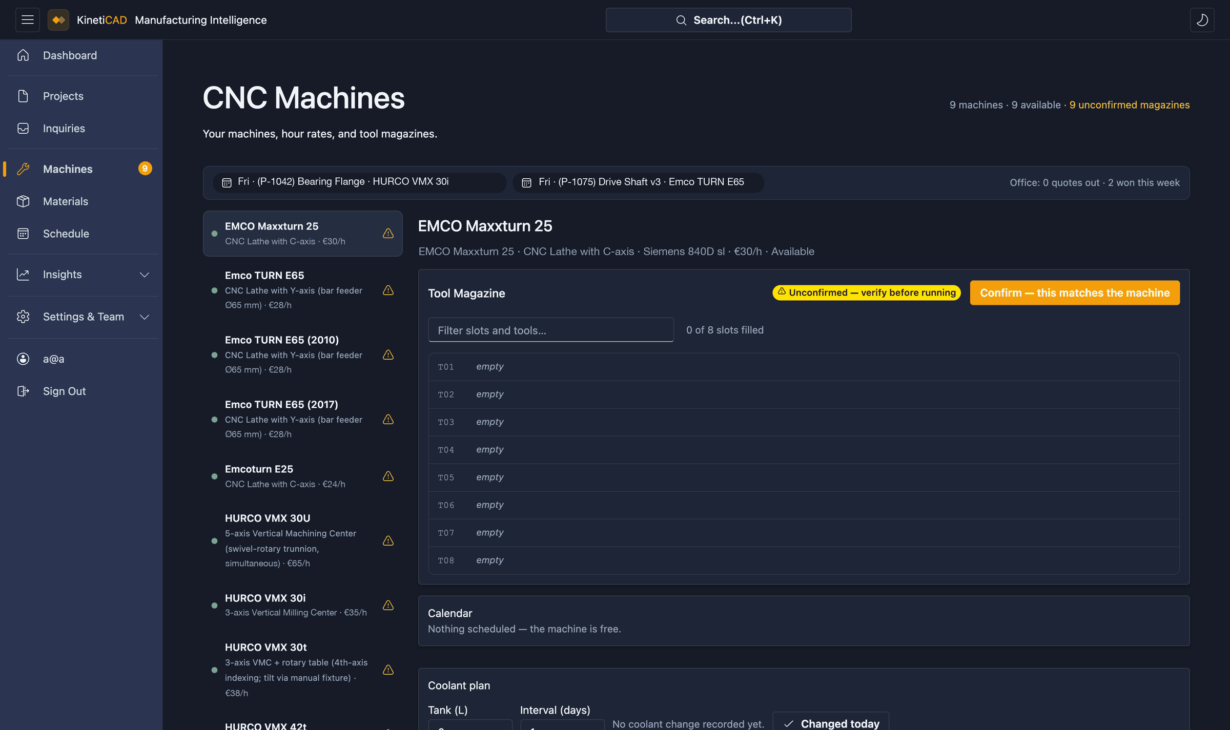 KinetiCAD machine list with tool magazine and calendar