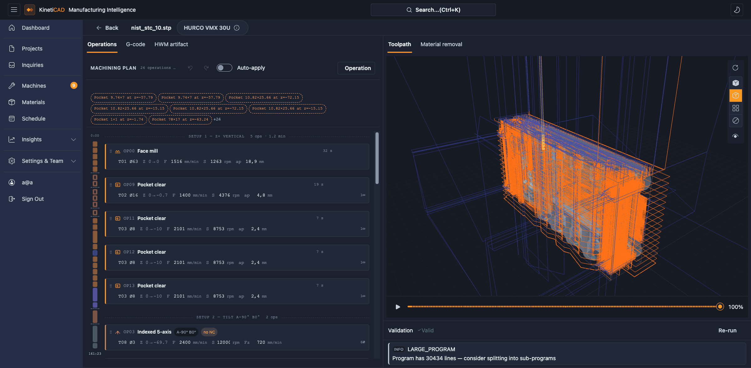 KinetiCAD 3D workspace - the generated operations beside the live toolpath, where an operator can change one if they disagree with it