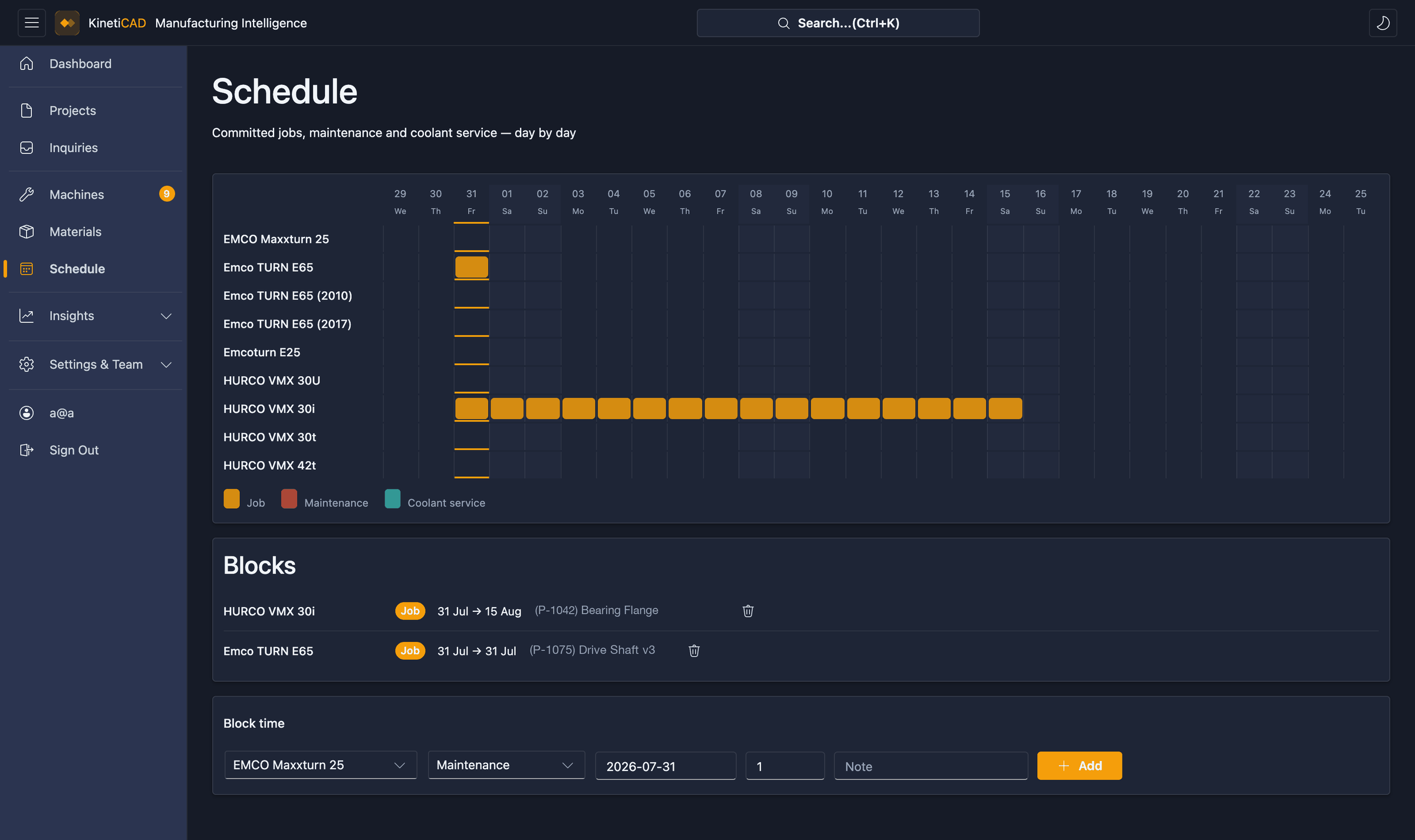 KinetiCAD schedule - committed jobs, maintenance and coolant service